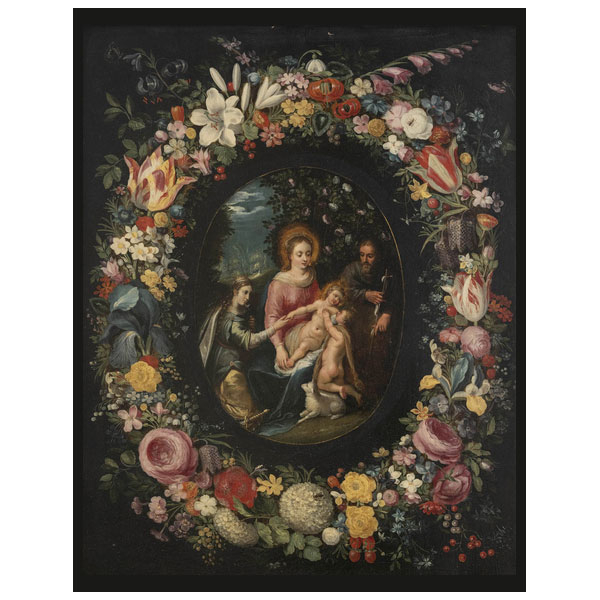 Jan Brueghel El Joven (1601 - 1678) y Hendrick Van Balen (1571 - 1632).   &quot;Sagrada Familia, San Juanito y Santa Catalina&quot;.  