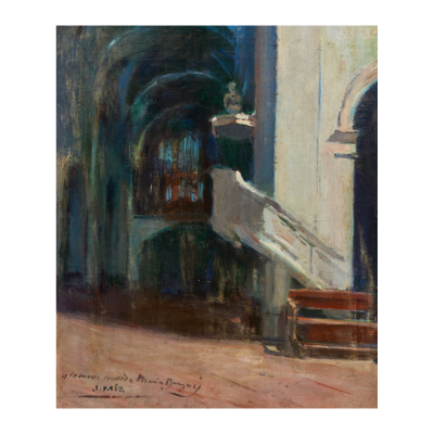 Joaquim Mir Trinxet (Barcelona, 1873-1940) Interior de iglesia. Óleo sobre tela. Firmado y dedicado a su sobrina Maria Brugués.