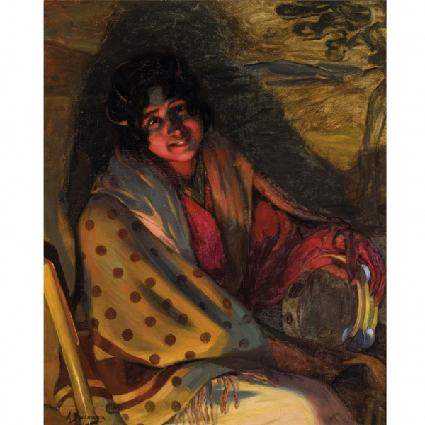 Ignacio Zuloaga Zabaleta (1870 - 1945) "Gitana con pandereta". Óleo sobre lienzo.  