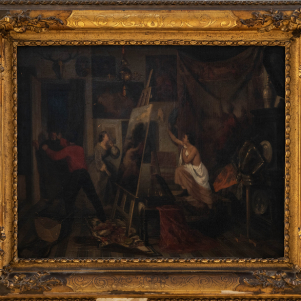 "Estudio del Pintor".  ESCUELA HOLANDESA O BELGA DEL SIGLO XIX.   Firmado: Ilegible.   Técnica: Óleo/Lienzo