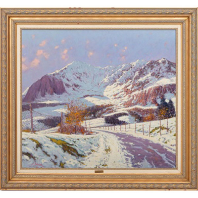 MIGUEL EGUILUZ ANCHIA   (Amorebieta, Vizcaya 1934)  &quot;Nieve en el Amboto&quot;  Firmado: M. Eguiluz  Óleo / Corcho 