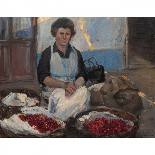 JOSÉ ÁNGEL GARCÍA TOTORICA   (Galdames, Vizcaya 1941)  "Vendedora de cerezas "  Firmado: J. Garcia Totorica  Óleo / Lienzo 