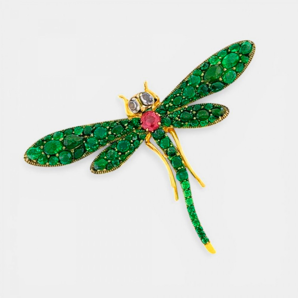Broche Lib&eacute;lula con esmeraldas naturales, zafiros naturales, turmalina y diamantes talla rosa  