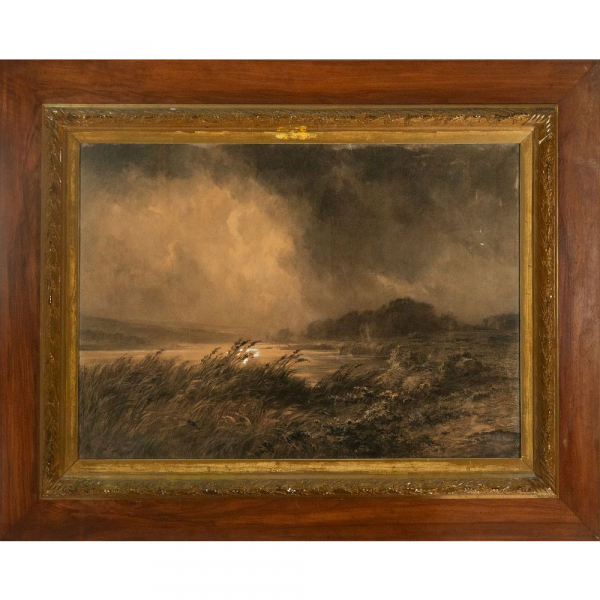 Carlos de Haes "Paisaje ecuestre". Escuela Belga. Siglo XIX. Dibujo firmado.