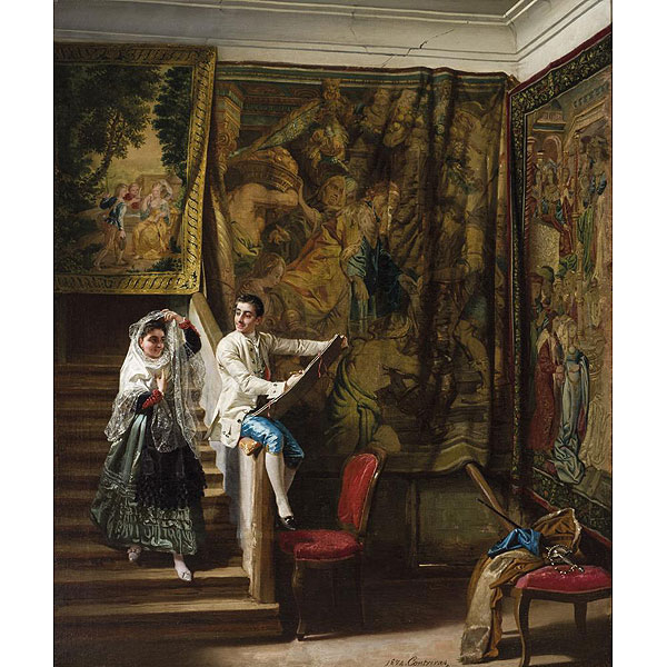 JOSE MARCELO CONTRERAS Y MUÑOZ (1827) "El pintor y la modelo (1874)". Óleo sobre lienzo.