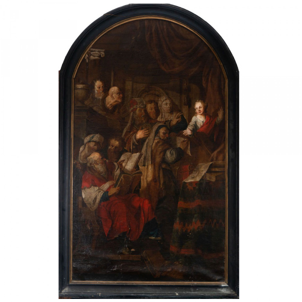 Jesús predicando a los Rabinos en el Templo, Escuela Flamenca del siglo XVII.   Óleo sobre lienzo, enmarcado.