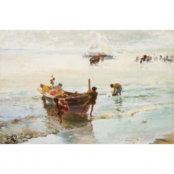 José Navarro LLorens. "Niños en la playa de Valencia". Óleo sobre lienzo adherido a cartón. Firmado