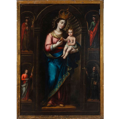 &quot;Virgen de la Pera&quot;. Monumental Óleo sobre lienzo, Escuela Colonial Mexicana del siglo XVII, atribuido a José de Páez (Ciudad de México, 1721- c. 1780)