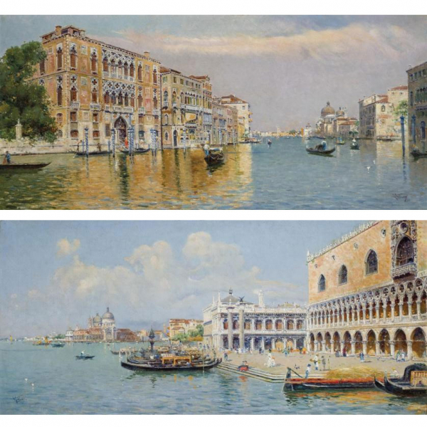 Antonio Reyna Manescau.   "Gran Canal y Palazzo Ducale". Dos óleos sobre lienzo.