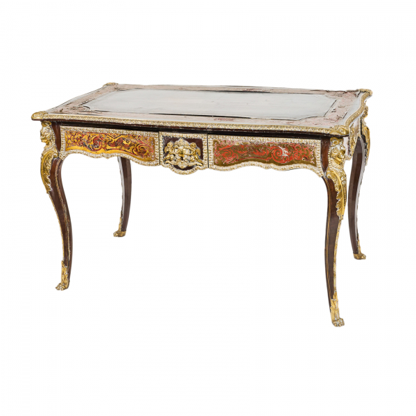 Escritorio franc&eacute;s Napole&oacute;n III, s.XIX. Mesa en madera ebonizada con decoraci&oacute;n &laquo;boull&eacute;&raquo; 