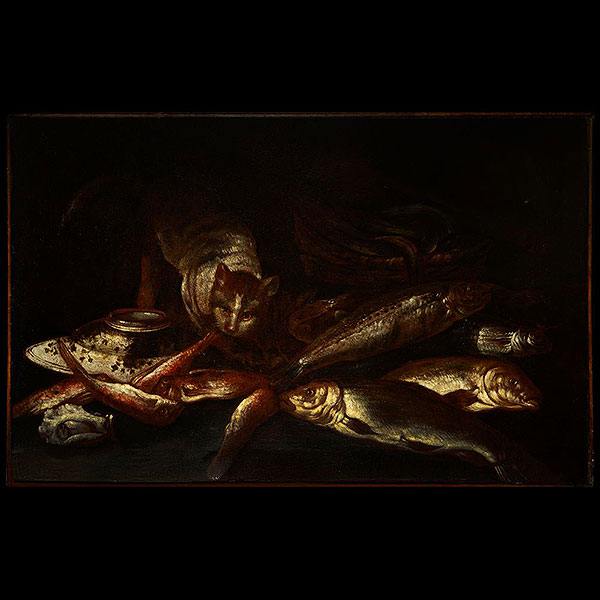 GIUSEPPE RECCO (Nápoles, 1634 - Alicante, 1694) - Bodegón de pescados con gato