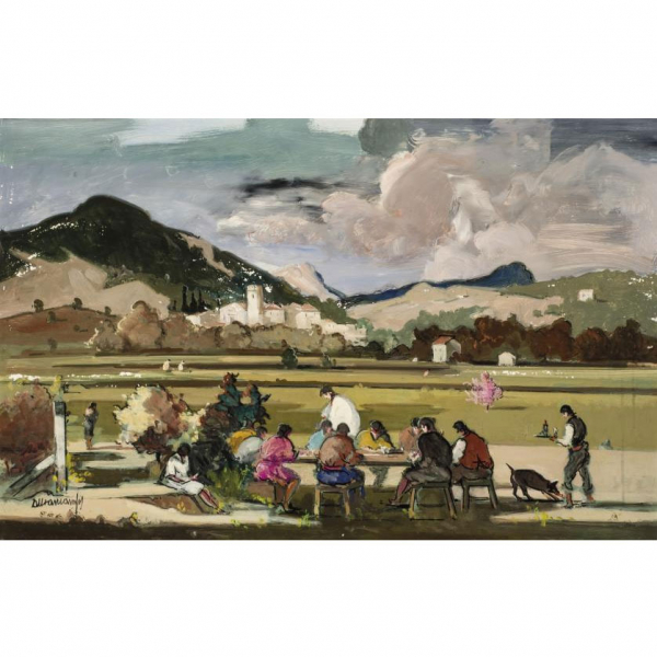 Rafael Durancamps.  "El merendero". Óleo sobre tablex. Firmado en el ángulo inferior izquierdo.