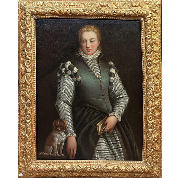 Atribuido a Lavinia Fontana (Bolonia, 1552 – Roma, 1614) - Retrato de joven dama con perro y libro.   Óleo sobre lienzo. 
