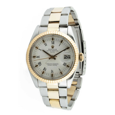 Reloj vintage cab., suizo, ROLEX, mod. &#039;Oyster Perpetual Date&#039;, ref 5700, en sólida caja 34 mm y brazalete &#039;President&#039; en acero y oro.