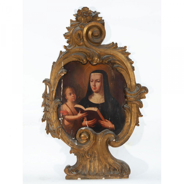 Pareja de tablas representando a Santa Ana enseñando a leer a la virgen y San Luis, escuela española de los siglos XVII XVIII. 