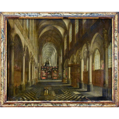 Atribuido a Johann Peter Neef (1753-1796) - Interior de Iglesia.   Óleo sobre lienzo.