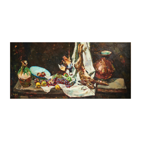 Josep Serrasanta (Buenos Aires, Argentina, 1916-Valldoreix, Barcelona, 1998)  Bodeg&oacute;n con frutas y liebre.
