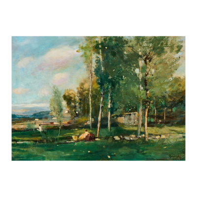 Pere Gussinyé Gironella (Olot, Girona, 1890-1980) Paisaje de campo con personajes. Óleo sobre tela. 