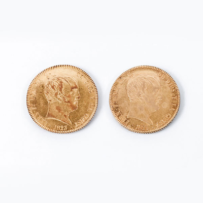 Lote de dos monedas espa&ntilde;olas de oro (875 mil), 320 Reales, Fernando VII, Madrid, SR: 1822 y 1823 