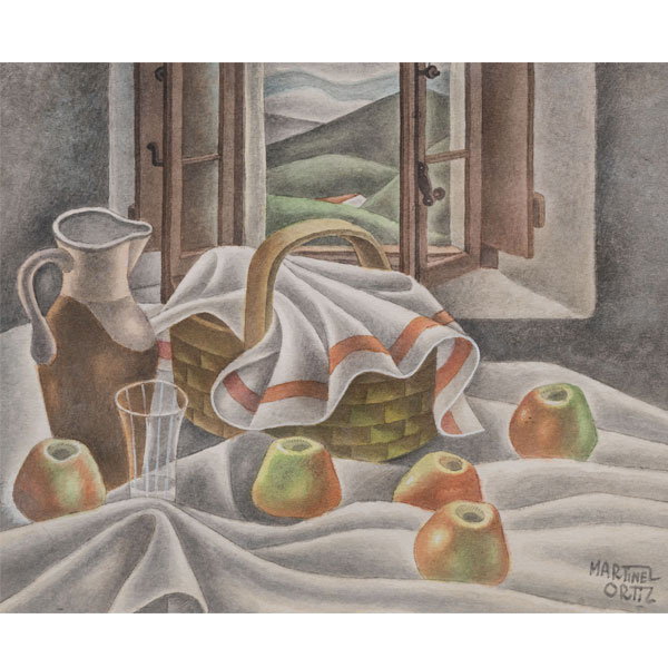 "Bodegón con cesta, jarra, manzanas y ventana de fondo"  Nicolás Martínez Ortíz de Zárate (Bilbao, 1907 - 1987)