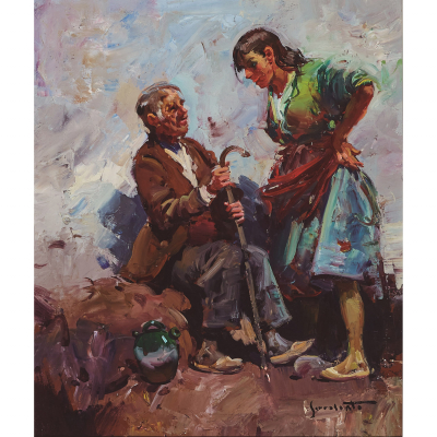 Josep Serrasanta (Buenos Aires, 1916-Valldoreix, Barcelona, 1998) Gitanos. Óleo sobre tela. Firmado.