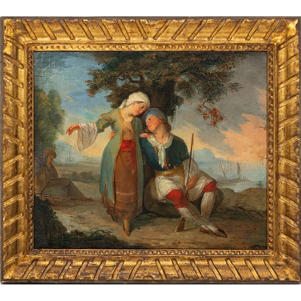 ESCUELA FRANCESA  (Mediados S. XIX) "Escena galante con vista de ciudad y puerto al fondo" Óleo / Lienzo 