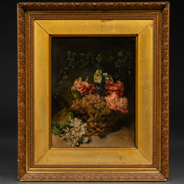 "Bodeg&oacute;n de flores y uvas con cesta"  Escuela Espa&ntilde;ola, Siglo XIX