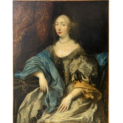 Retrato de mujer con escritorio. Manera, atribuíble a Jean Nocret. Escuela francesa. Siglo XVII.   Óleo sobre lienzo.