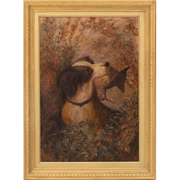 FEDERICO JIMENEZ FERNANDEZ   (Madrid 1841- Huesca 1931)  "Perro cobrando sorda"  Firmado: F. Jimenez  Óleo / Lienzo