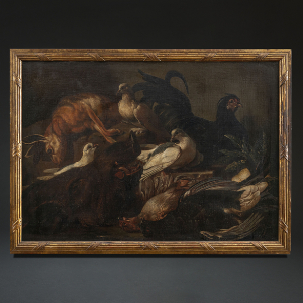 "Bodegón de Palomas, Cabeza de Jabalí, Perdices, gallinas y liebre"  Escuela Flamenca , S. XVII - XVIII 