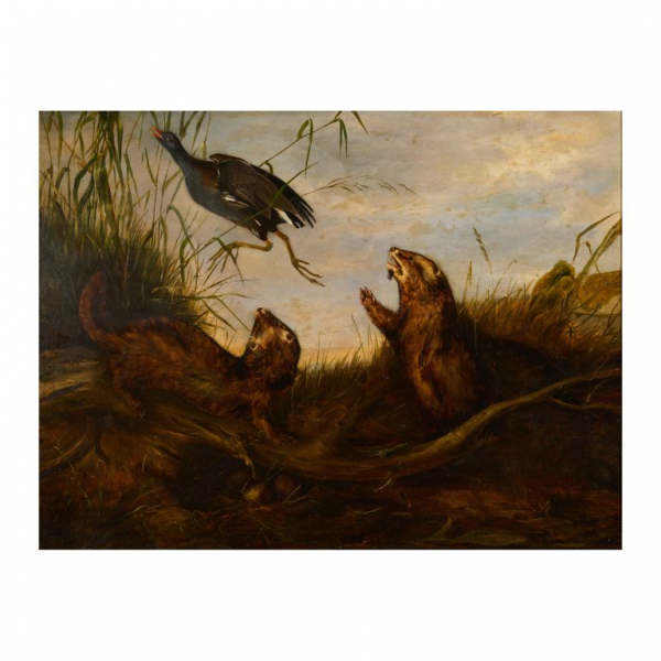 Seguidor de Abraham Hondius (Róterdam, Países Bajos, 1625-Londres, 1691)  Tejones en el nido.  Óleo sobre tabla. 