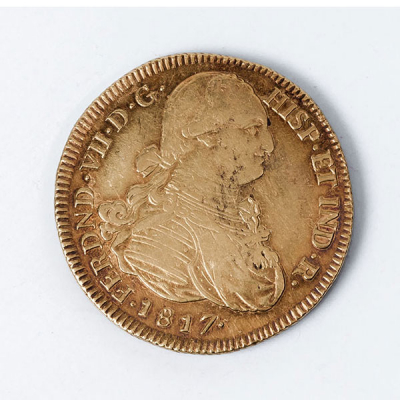 Moneda de oro (900 mil.). ESPA&Ntilde;A. 8 Escudos. Fernando VII.1817. Popayan. F.M. 38 mm.