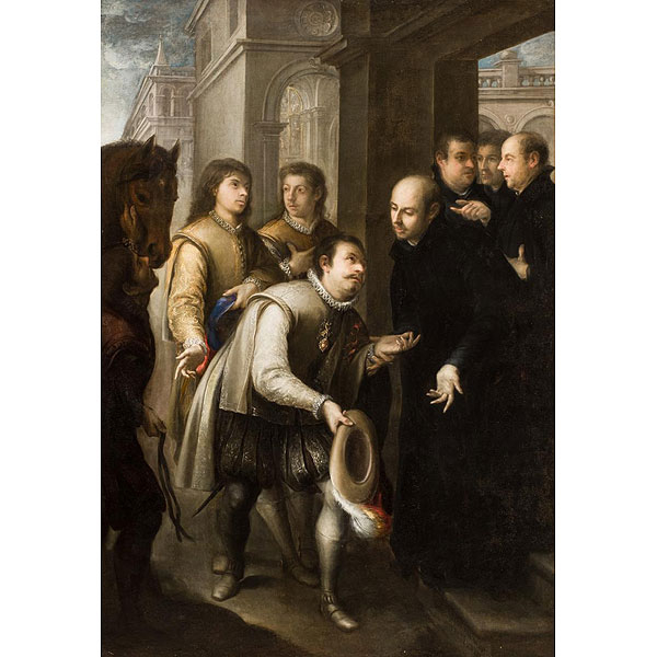 Juan Simón Gutiérrez (1634 - 1718)  &quot;San Ignacio recibiendo a San Francisco de Borja en la Casa Profesa de Roma&quot;. Óleo sobre lienzo. 