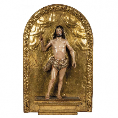 ESCUELA ESPAÑOLA FINES S. XVI &quot;Cristo resucitado&quot;. Talla en madera policromada y dorada.