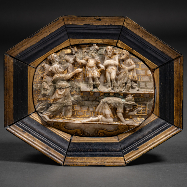 "El prendimiento de cristo" Relieve tallado en piedra de alabastro con restos de dorado del siglo XVI con marco de época.