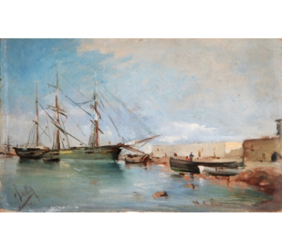 JOAQUÍN SOROLLA Y BASTIDA (Valencia, 1863 - Madrid, 1923).  Barcos junto a la costa. 