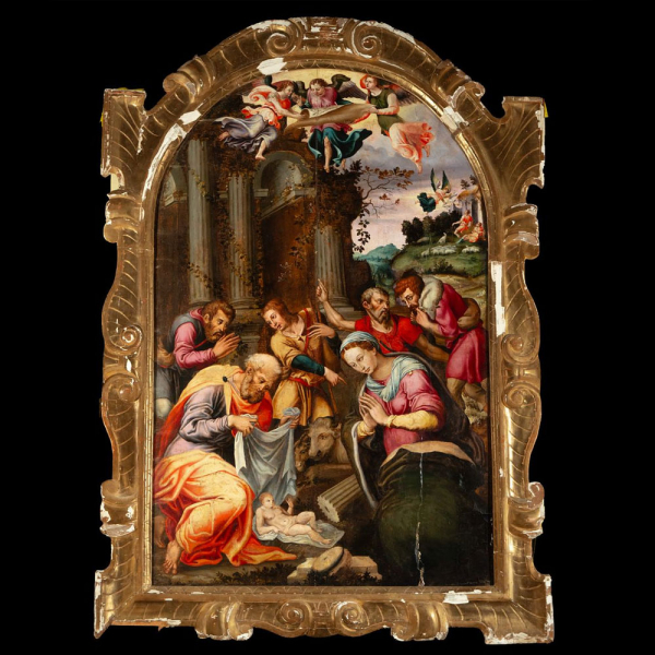 Monumental y exquisita Adoración de Pastores - Escuela ítalo flamenca del siglo XVI.   Monumental óleo sobre sobre tabla.