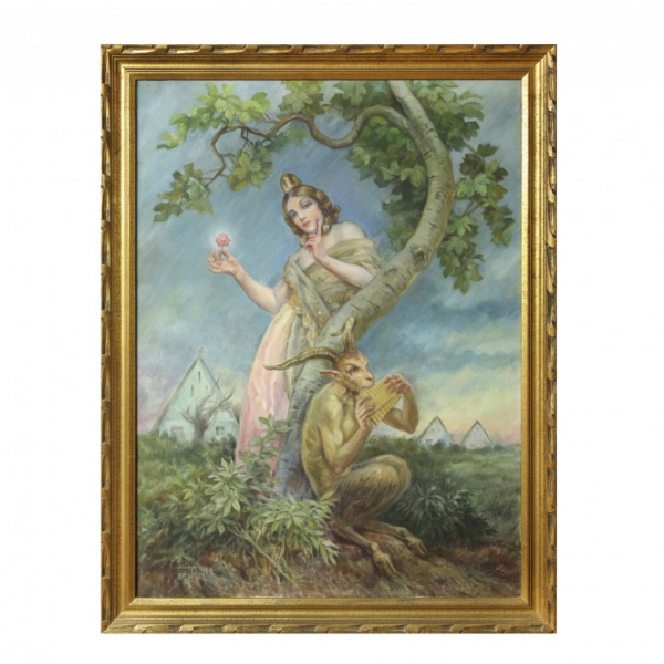 Enrique Pertegás Ferrer (1884-1962) "Dama con fauno"   Óleo sobre lienzo. Firmado