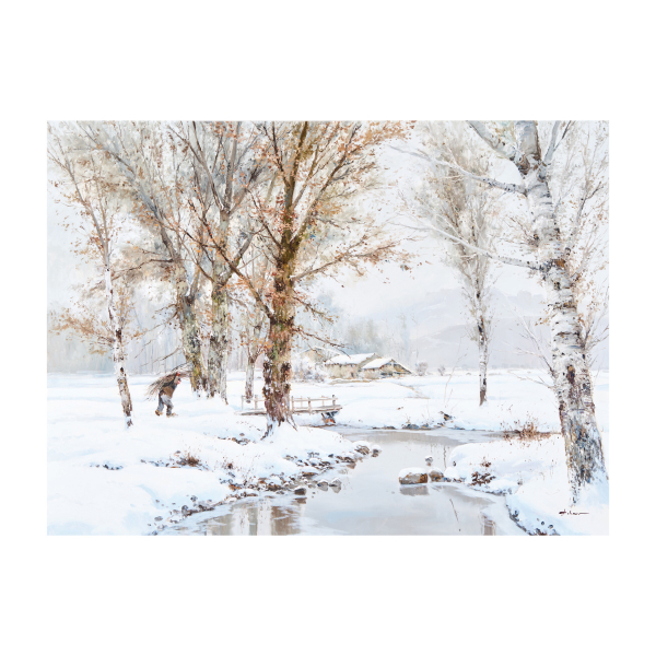 Josep Colomer Comas (Sant Feliu de Pallerols, Girona, 1935-2003) Paisaje nevado con le&ntilde;ador. &Oacute;leo sobre tela. Firmado.