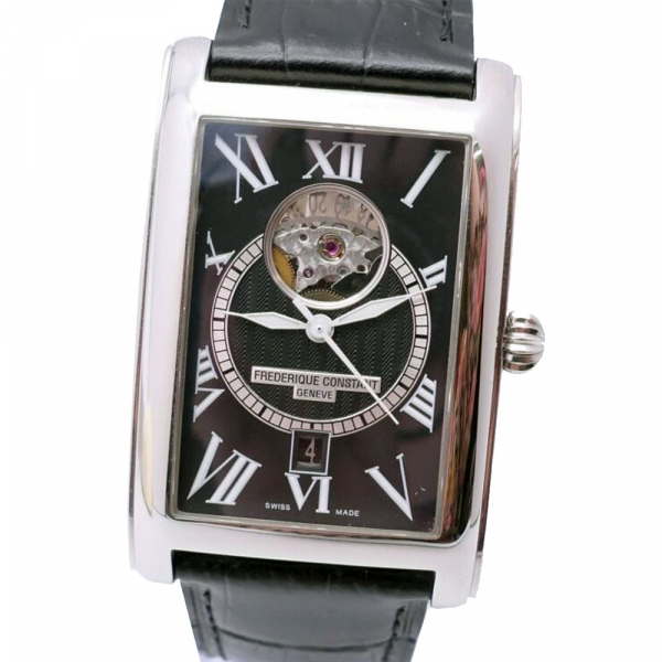 Frederique Constant Carree Heart Beat Date. Reloj de pulsera para hombre de acero inoxidable y correa de piel negra repujada