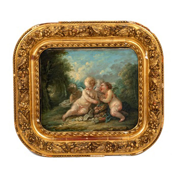 ESCUELA FRANCESA  (Pp. S. XIX) "Ángeles con flores y cupido"