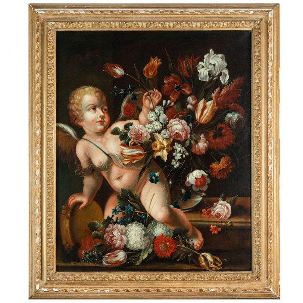 "Bodegón de Flores con querubín" de la Escuela Italiana del siglo XVII, círculo de Mario de' Fiori. 