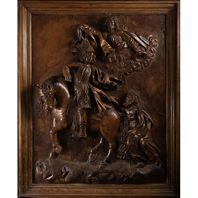Muy Importante Gran relieve en madera de roble de San Martín a Caballo, escuela Renacentista Alemana del siglo XVI.