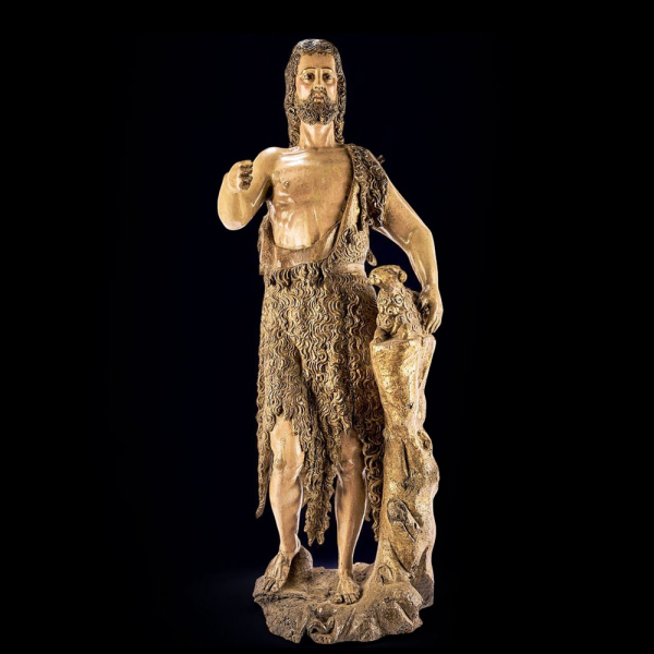 Escultura de San Juan Bautista, Italia, siglo XV.   Madera tallada y policromada.