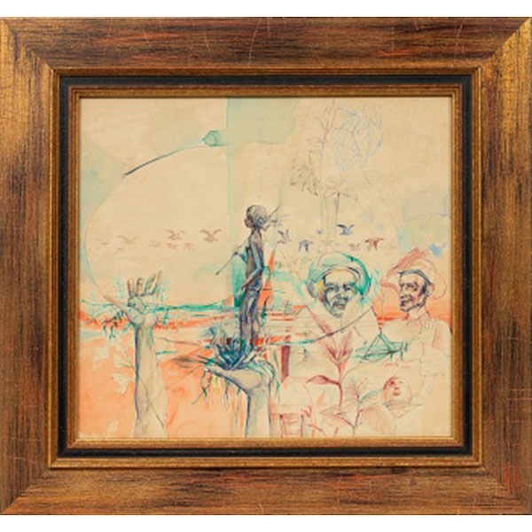 ROBERTO FABELO   (Cuba 1950)  "Marina con personajes y palomas"  Firmado: Fabelo 1975  Acuarela / Papel  