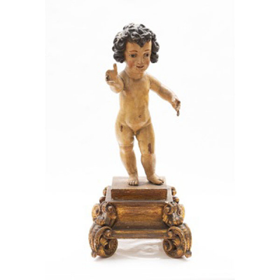 Talla en madera policromada representando Niño Jesús España. Pp. S. XVIII