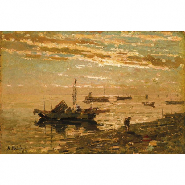 Félix Resurrección Hidalgo.   "Mariscadores (1908)". Óleo sobre cartón. 