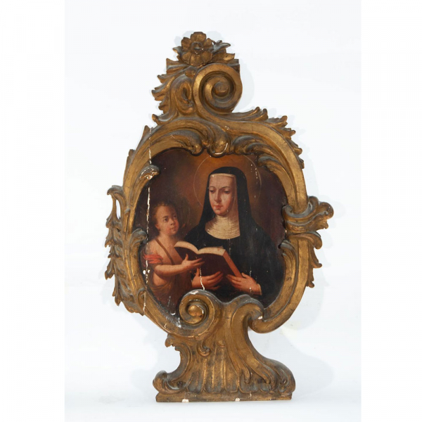 Pareja de tablas representando a Santa Ana enseñando a leer a la virgen y San Luis, escuela española de los siglos XVII XVIII.