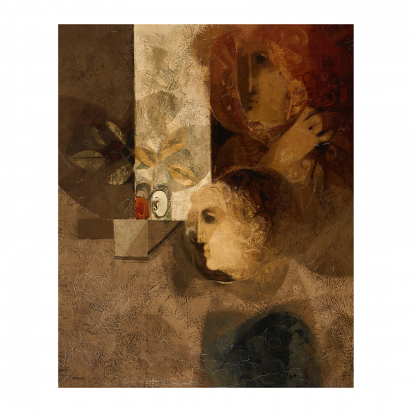 Alvar Suñol Muñoz-Ramos (Montgat, Barcelona, 1935)  "Rostros frente a la ventana".  Óleo sobre tela. Firmado. 