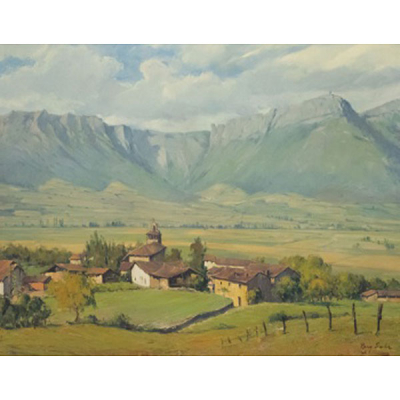 JUAN BAYÓN SALADO &quot;BAY-SALA&quot;   (Logroño 1913 - Bilbao 1995)  &quot;Paisaje de Orduña con casas y peñas al fondo&quot;  Firmado: Bay Sala  Óleo / Lienzo 